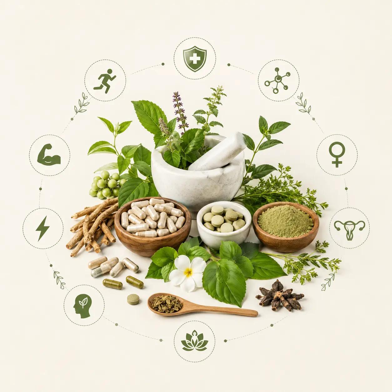 Shifa Botanic herbal ingredients, capsules, tablets and herbal powder with wellness benefit icons